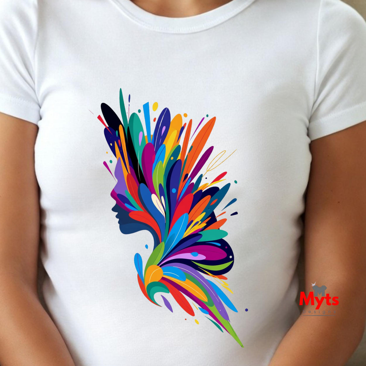 White t-shirt with a colorful abstract design on a person wearing it.