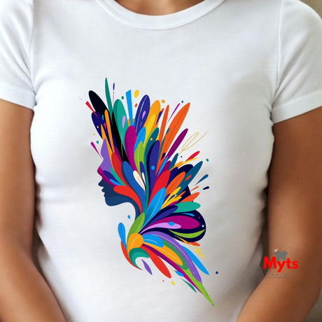 White t-shirt with a colorful abstract design on a person wearing it.