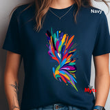Navy t-shirt with a colorful abstract design on a plain background