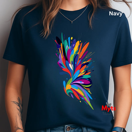 Navy t-shirt with a colorful abstract design on a plain background