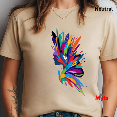 Natural (Beige) t-shirt with a colorful abstract design on a neutral background