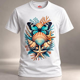 White T-shirt with turquoise butterfly, seashell and starfish graphic