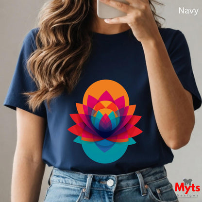 Person wearing a navy blue t-shirt with a colorful lotus flower design, holding a phone.