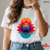 Person wearing a white t-shirt with a colorful flower design, holding a phone.