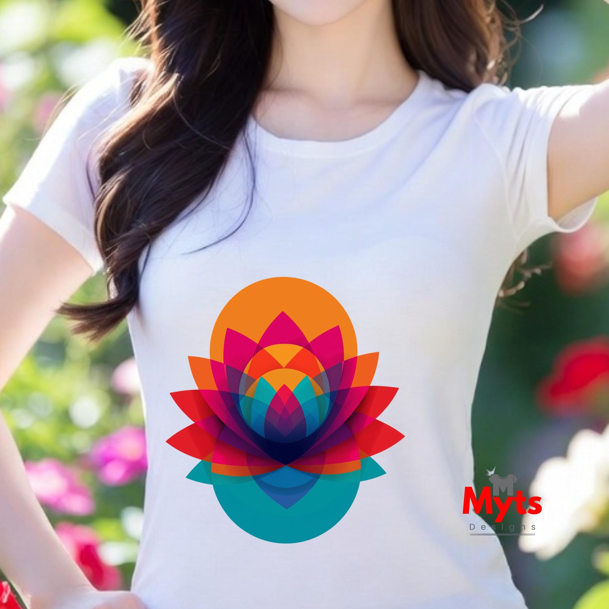 Person wearing a white t-shirt with a colorful flower design, standing outdoors with blurred greenery in the background.