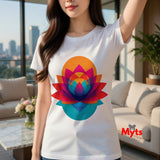 Woman wearing a white t-shirt with a colorful flower design in a modern living room.