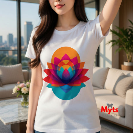 Woman wearing a white t-shirt with a colorful flower design in a modern living room.