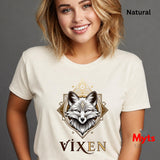 Woman wearing a white t-shirt with a fox graphic and 'Vixen' text on a gray background