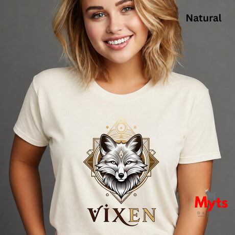 Woman wearing a white t-shirt with a fox graphic and 'Vixen' text on a gray background