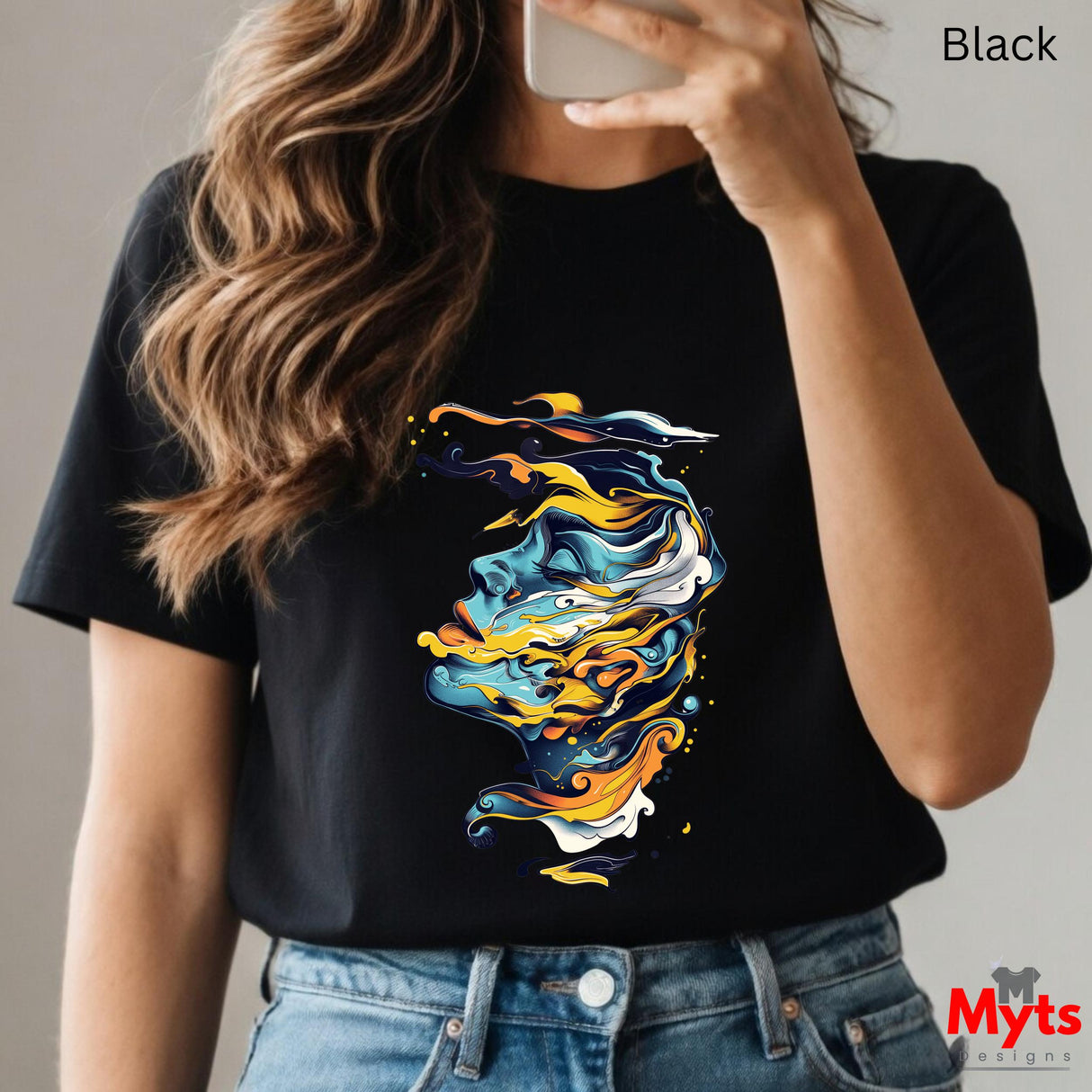 Water Woman Graphic Tee – Colourful Swirl Female Face Art