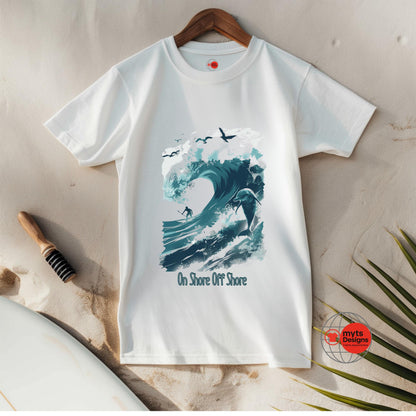 White t-shirt with a wave design and text on a wooden surface