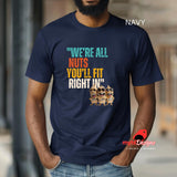 A man wearing a navy funny retro t-shirt