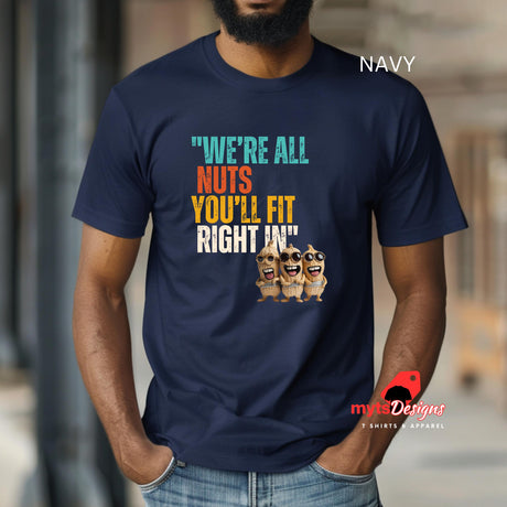 A man wearing a navy funny retro t-shirt