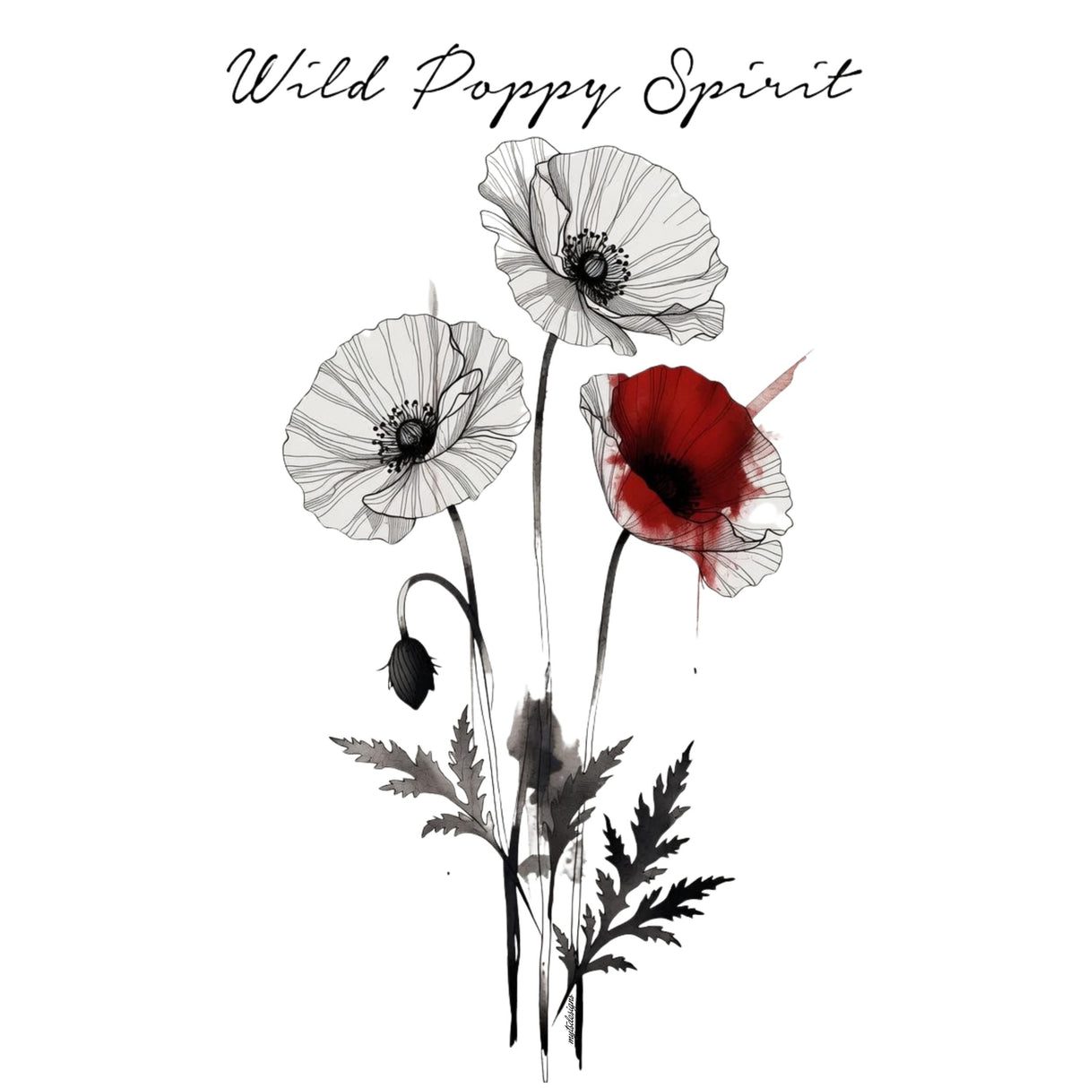 A graphic design featuring three poppy flowers on a white background, with two white poppies and one red poppy, accompanied by black ink-style leaves and stems. The text 'Wild Poppy Spirit' is written in a black cursive font at the top.