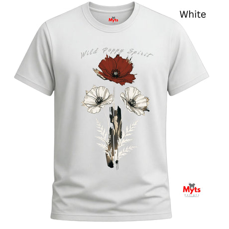 A white short-sleeve crewneck t-shirt with a graphic print of three wild poppy flowers and the text 'Wild Poppy Spirit' on the front. The brand logo 'Myts' is visible on the inner neck label and as a watermark in the bottom right corner.