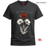 A dark heather gray t-shirt with a graphic of three wild poppy flowers (one red, two white) and the text 'Wild Poppy Spirit' on the front. The brand name 'Myts' is visible on the inner neck label and as a watermark logo in the bottom right corner.