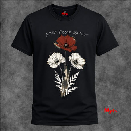A black short-sleeve t-shirt with a graphic print of three poppies (one red, two white) and the text 'Wild Poppy Spirit' on the front, displayed against a textured gray background.