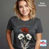 A woman wearing a dark heather gray graphic t-shirt with a red and white poppy design and the text 'Wild Poppy Spirit'. The image has a gray background, a text overlay reading 'Dark Heather' in the top right, and a 'Myts Designs' logo in the bottom right corner.