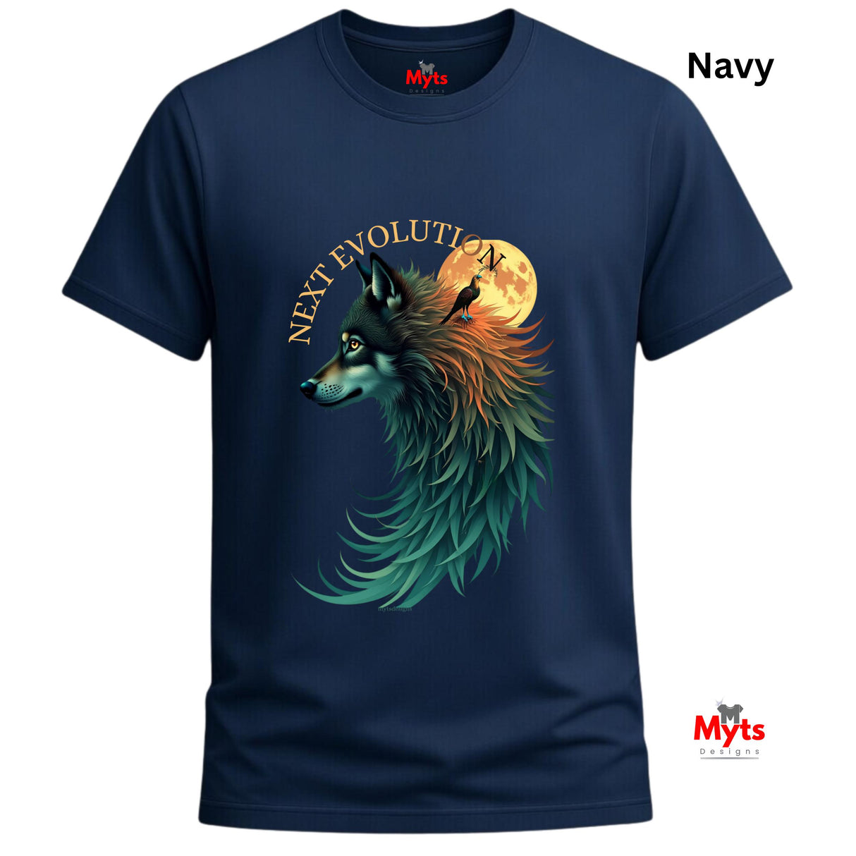 A navy blue short-sleeve t-shirt with a graphic of a wolf in profile facing left, with a full moon behind its head, the words 'NEXT EVOLUTION' arched above, and a raven perched on the moon. The word 'Navy' is printed in black in the top right corner, and 'Myts' branding is visible on the inner neck label and as a watermark.