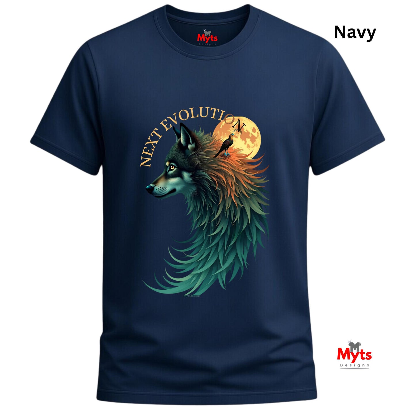 A navy blue short-sleeve t-shirt with a graphic of a wolf in profile facing left, with a full moon behind its head, the words 'NEXT EVOLUTION' arched above, and a raven perched on the moon. The word 'Navy' is printed in black in the top right corner, and 'Myts' branding is visible on the inner neck label and as a watermark.
