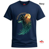 A navy blue short-sleeve t-shirt with a graphic of a wolf in profile facing left, with a full moon behind its head, the words 'NEXT EVOLUTION' arched above, and a raven perched on the moon. The word 'Navy' is printed in black in the top right corner, and 'Myts' branding is visible on the inner neck label and as a watermark.
