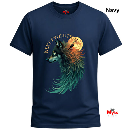 A navy blue short-sleeve t-shirt with a graphic of a wolf in profile facing left, with a full moon behind its head, the words 'NEXT EVOLUTION' arched above, and a raven perched on the moon. The word 'Navy' is printed in black in the top right corner, and 'Myts' branding is visible on the inner neck label and as a watermark.