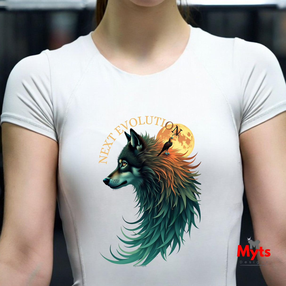 A white short-sleeve crewneck t-shirt worn by a model, featuring a graphic of a wolf with teal and orange fur, a full moon, and the text 'NEXT EVOLUTION'.