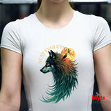 A white short-sleeve crewneck t-shirt worn by a model, featuring a graphic of a wolf with teal and orange fur, a full moon, and the text 'NEXT EVOLUTION'.