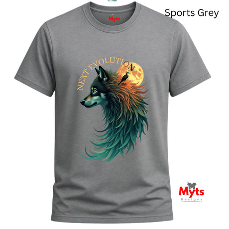 A gray short-sleeve crewneck t-shirt featuring a graphic of a wolf with teal, orange, and black fur in profile, set against a full moon and the words 'NEXT EVOLUTION'. The shirt is shown on a white background with 'Sports Grey' text in the top right and the 'Myts Designs' logo in the bottom right.