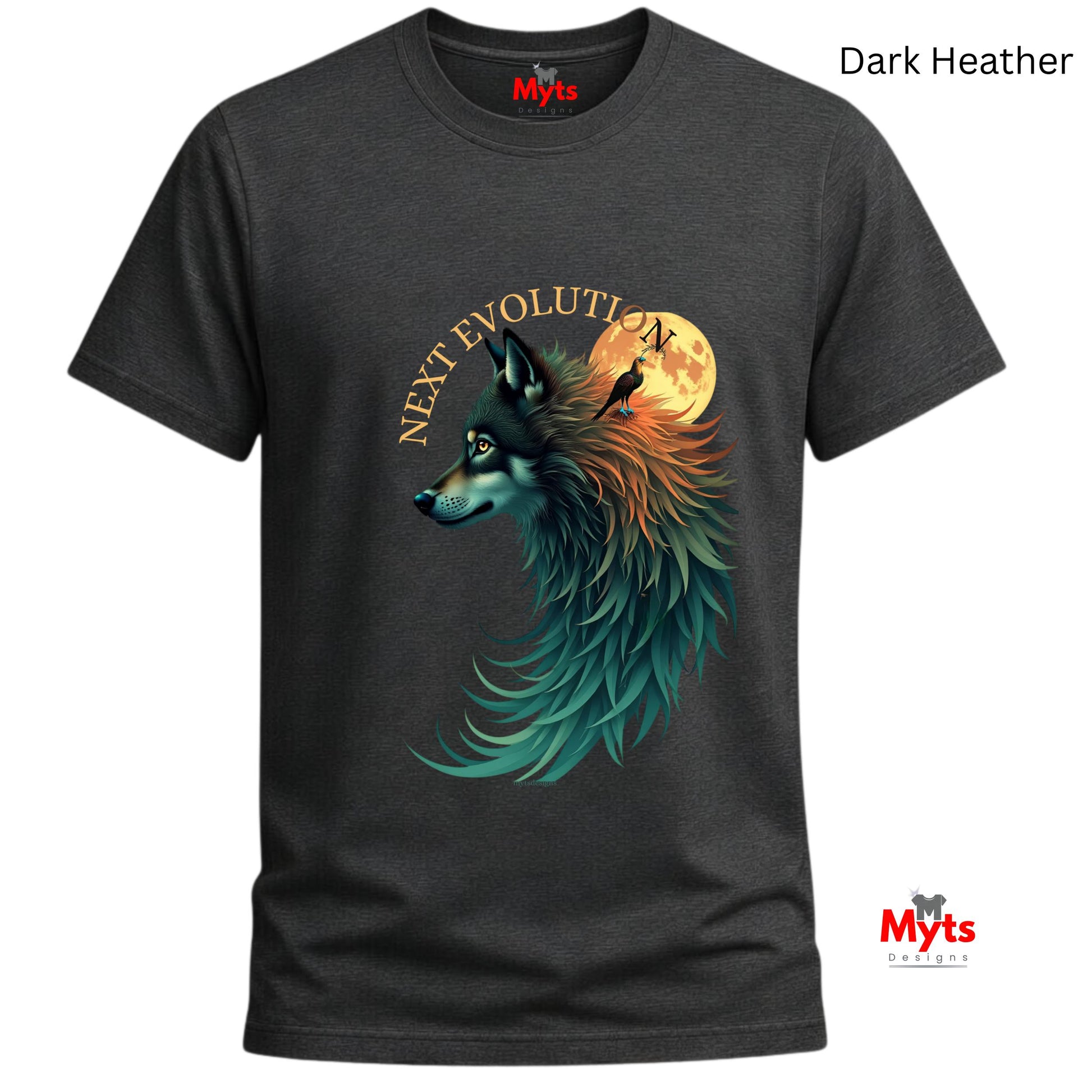 A dark heather gray t-shirt featuring a graphic of a wolf in profile with teal and orange feathers, a full moon, and the text 'NEXT EVOLUTION'. The brand name 'Myts' is visible on the inner neck label and as a watermark.