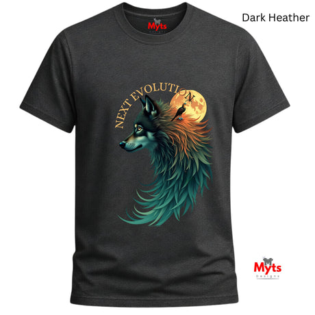 A dark heather gray t-shirt featuring a graphic of a wolf in profile with teal and orange feathers, a full moon, and the text 'NEXT EVOLUTION'. The brand name 'Myts' is visible on the inner neck label and as a watermark.