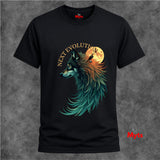 A black short-sleeve t-shirt with a graphic of a wolf in profile against a full moon, with the text 'NEXT EVOLUTION' arched above. The wolf graphic features teal, green, and orange tones.