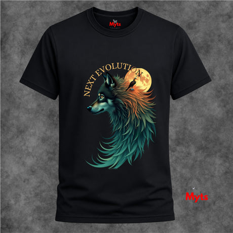 A black short-sleeve t-shirt with a graphic of a wolf in profile against a full moon, with the text 'NEXT EVOLUTION' arched above. The wolf graphic features teal, green, and orange tones.