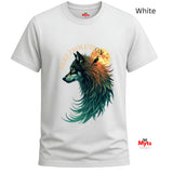 White short-sleeve crewneck t-shirt featuring a graphic of a wolf with teal, orange, and black fur in profile, set against a full moon and the words 'NEXT EVOLUTION'. The brand name 'Myts' is visible on the inner neck label and as a watermark.