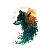 A stylized wolf head illustration in profile with layered teal, green, black, and orange fur, set against a yellow full moon and the words 'NEXT EVOLUTION' in arched gold text on a white background.