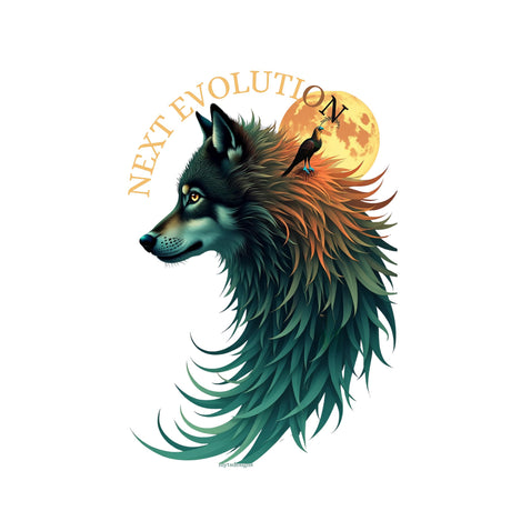 A stylized wolf head illustration in profile with layered teal, green, black, and orange fur, set against a yellow full moon and the words 'NEXT EVOLUTION' in arched gold text on a white background.