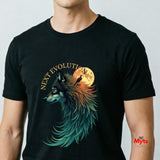 A man wearing a black short-sleeve t-shirt with a graphic print of a wolf, a raven, a full moon, and the text 'NEXT EVOLUTION'.