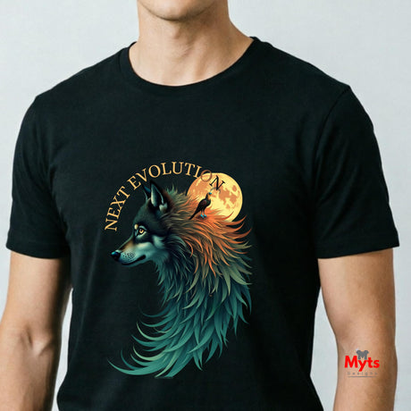 A man wearing a black short-sleeve t-shirt with a graphic print of a wolf, a raven, a full moon, and the text 'NEXT EVOLUTION'.