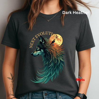 A woman wearing a dark heather charcoal t-shirt with a graphic of a wolf and a full moon. The text 'NEXT EVOLUTION' is printed in gold above the wolf, and a small red watermark 'Myts' is visible on the bottom right.