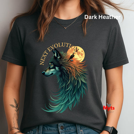 A woman wearing a dark heather charcoal t-shirt with a graphic of a wolf and a full moon. The text 'NEXT EVOLUTION' is printed in gold above the wolf, and a small red watermark 'Myts' is visible on the bottom right.