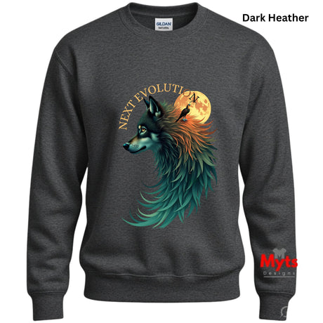 A dark heather gray crewneck sweatshirt featuring a graphic of a wolf's head in profile against a full moon, with the words 'NEXT EVOLUTION' in gold. A Gildan brand tag is visible inside the collar, and a 'Myts Designs' watermark is on the lower right sleeve.