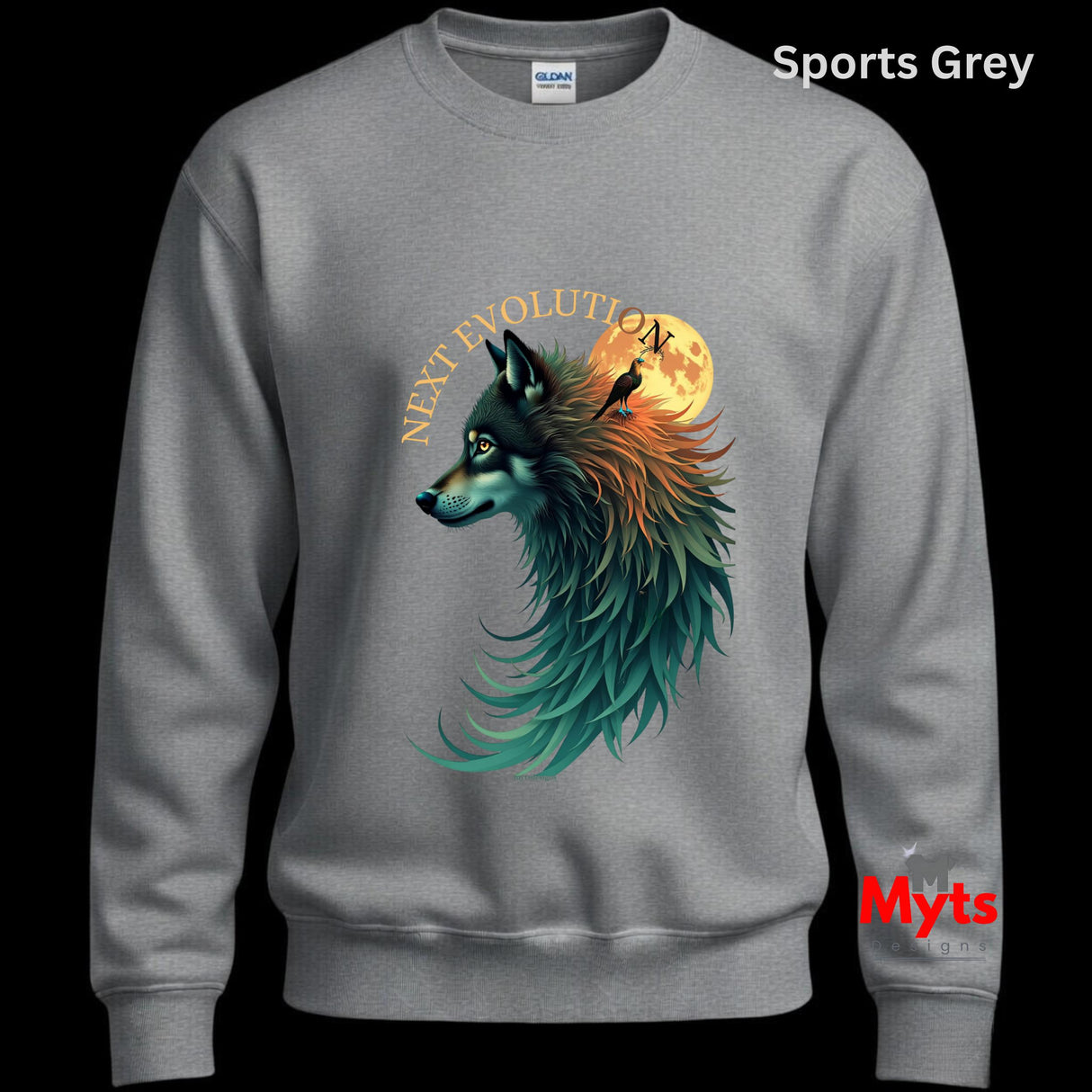 A gray crewneck sweatshirt featuring a graphic print of a wolf with teal and orange fur, set against a full moon and the words 'NEXT EVOLUTION'. The sweatshirt is shown on a black background with 'Sports Grey' text at the top right and a 'Myts' watermark at the bottom right.