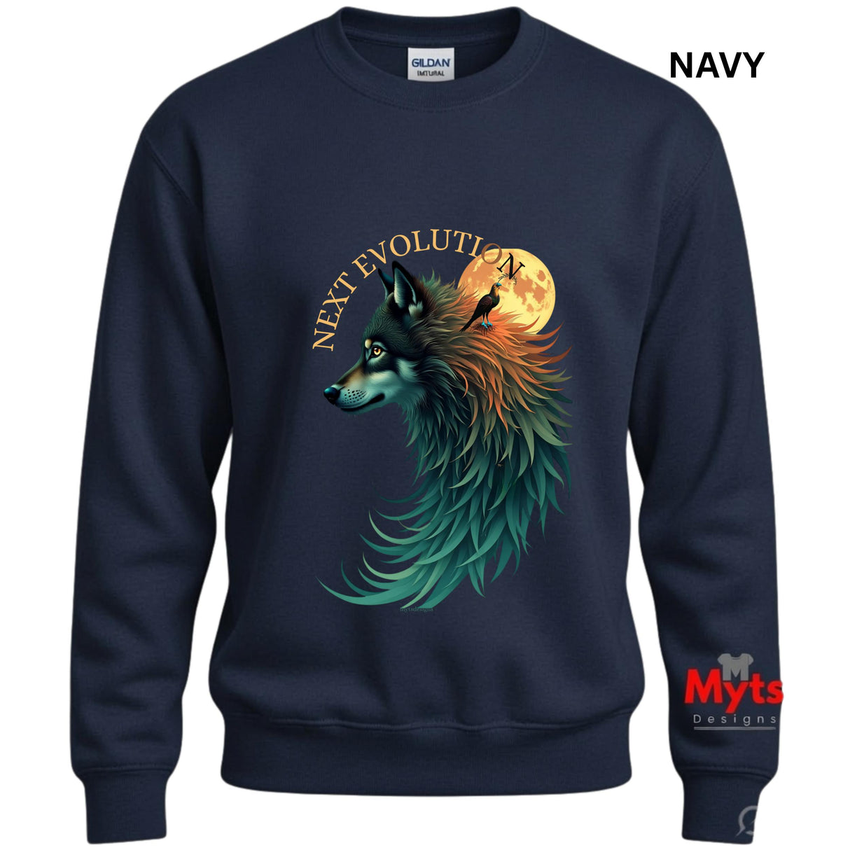 A navy blue crewneck sweatshirt featuring a graphic of a wolf in profile with teal and orange feathers, set against a full moon and the words 'NEXT EVOLUTION'. A Gildan brand tag is visible inside the collar, and 'NAVY' is printed in the top right corner.