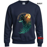 A navy blue crewneck sweatshirt featuring a graphic of a wolf in profile with teal and orange feathers, set against a full moon and the words 'NEXT EVOLUTION'. A Gildan brand tag is visible inside the collar, and 'NAVY' is printed in the top right corner.
