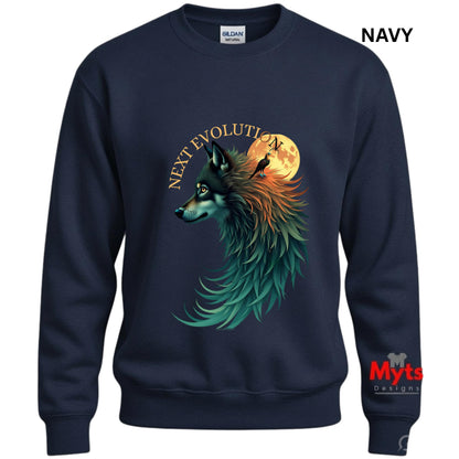 A navy blue crewneck sweatshirt featuring a graphic of a wolf in profile with teal and orange feathers, set against a full moon and the words 'NEXT EVOLUTION'. A Gildan brand tag is visible inside the collar, and 'NAVY' is printed in the top right corner.