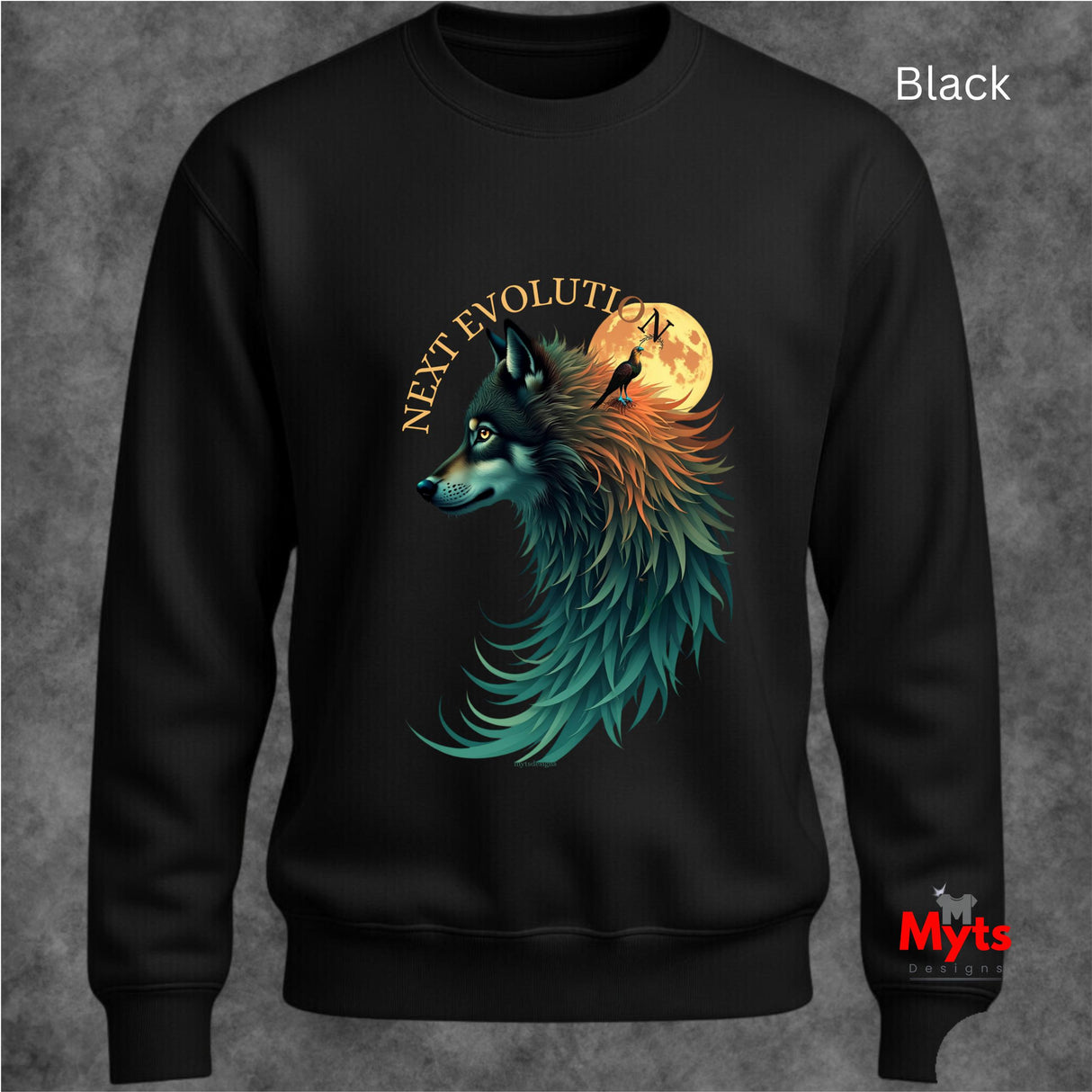 A black crewneck sweatshirt featuring a graphic of a wolf with teal and orange feathers, a full moon, and the text 'NEXT EVOLUTION' in gold. The image has 'Black' text in the top right corner and a 'Myts' watermark in the bottom right corner.