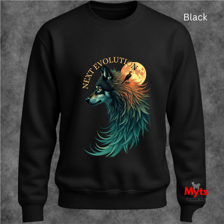 A black crewneck sweatshirt featuring a graphic of a wolf with teal and orange feathers, a full moon, and the text 'NEXT EVOLUTION' in gold. The image has 'Black' text in the top right corner and a 'Myts' watermark in the bottom right corner.