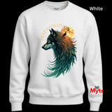 A white crewneck sweatshirt featuring a graphic print of a wolf's head with teal, green, and orange tones, set against a full moon and the words 'NEXT EVOLUTION'. A Gildan brand tag is visible inside the collar, and 'White' is written in the top right corner.