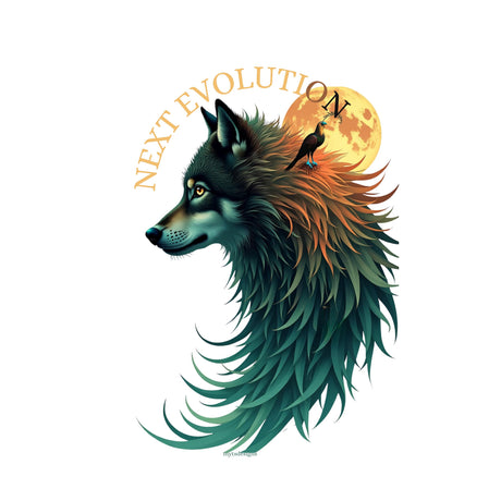 A stylized digital illustration of a wolf head in profile with layered teal, green, black, and orange fur, set against a yellow full moon and the words 'NEXT EVOLUTION' in an arch above. A small bird perches on the wolf's neck.