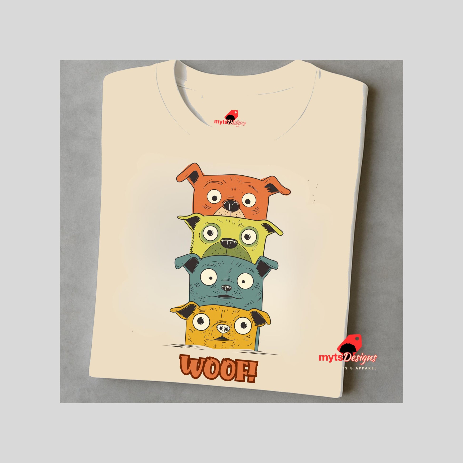 A folded neutral T-shirt featuring a quirky graphic of four stacked cartoon dogs in orange, yellow, teal, and golden tones with playful “WOOF!” text below the design.